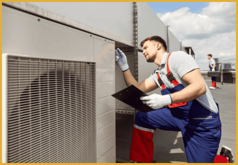 a technician checking a large compressor of the Ac